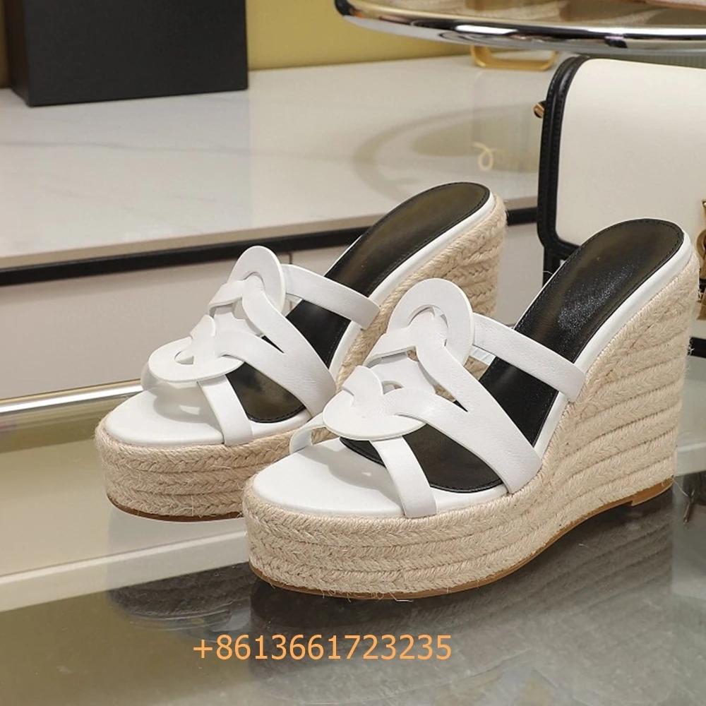 Fashion Corss Strap Patent Leather Platform Women Sandals Wedges Espadrilles Slip On Fashion Heels Open Toe 2025 Summer Newest Slides