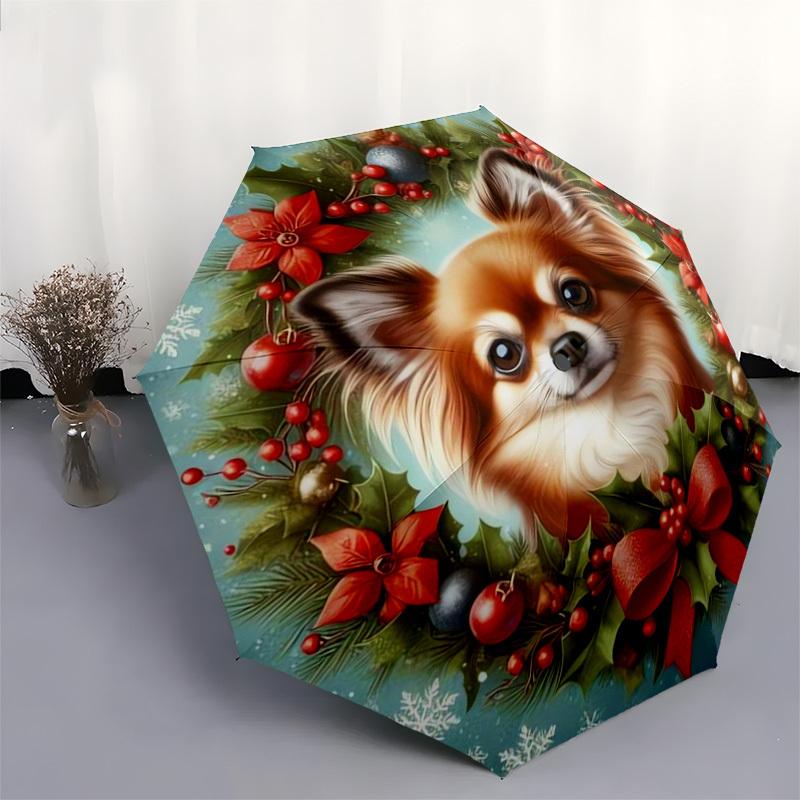 1pc Christmas Wreath with Papillon Dog Umbrella with Plastic Handle,Suitable for All Seasons Home Travel Outdoor UmbrellaDD245