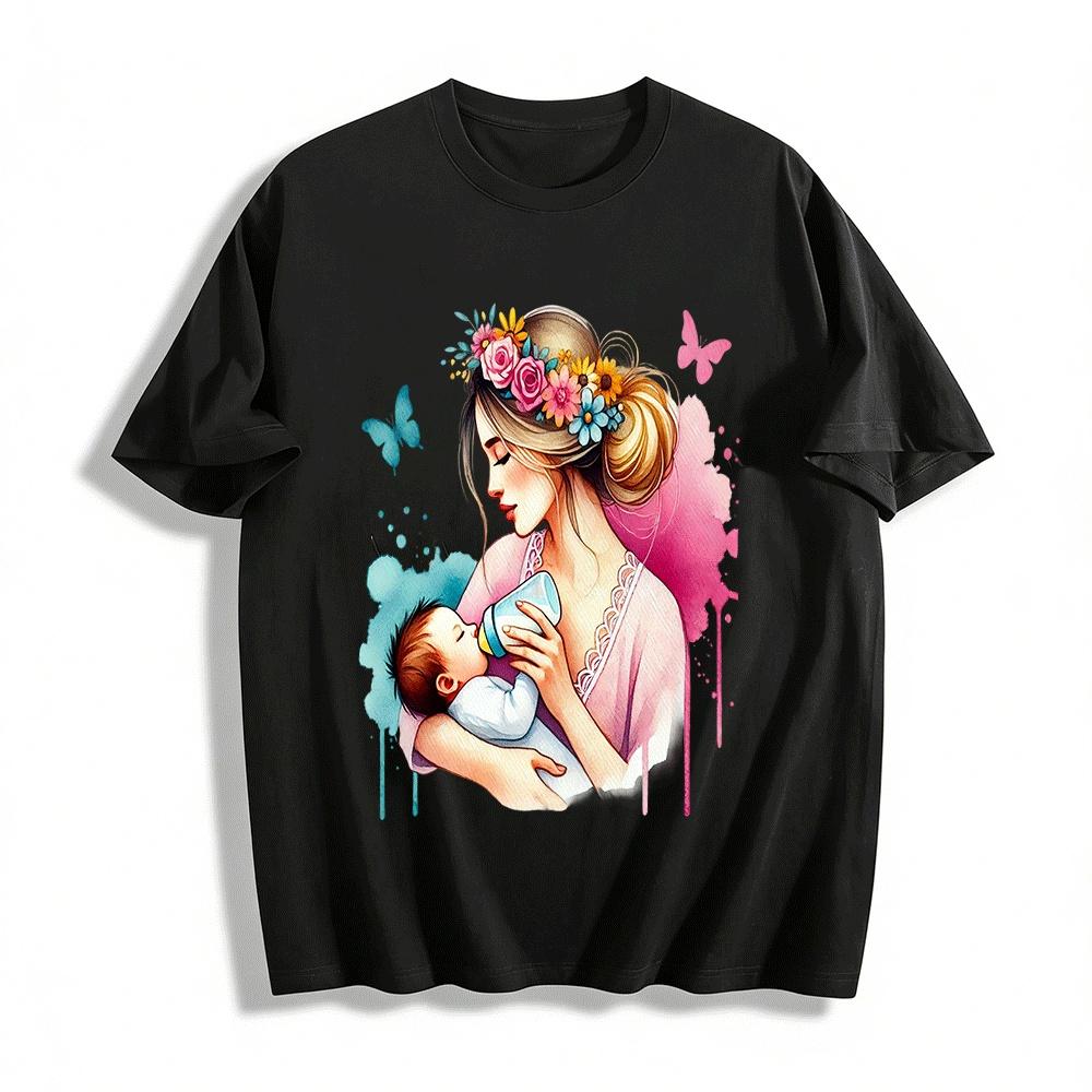 Mother And Baby Feeding Print Casual T-Shirt Warm Parenting Top Pure cotton T-shirt XXS