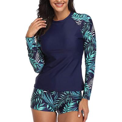 Damen Zweiteiliger Vintage-Druck Rashguard Bademode Langarmshirt Shorts Surf-Top Retro-Druck Laufshirt Split-Badeanzug