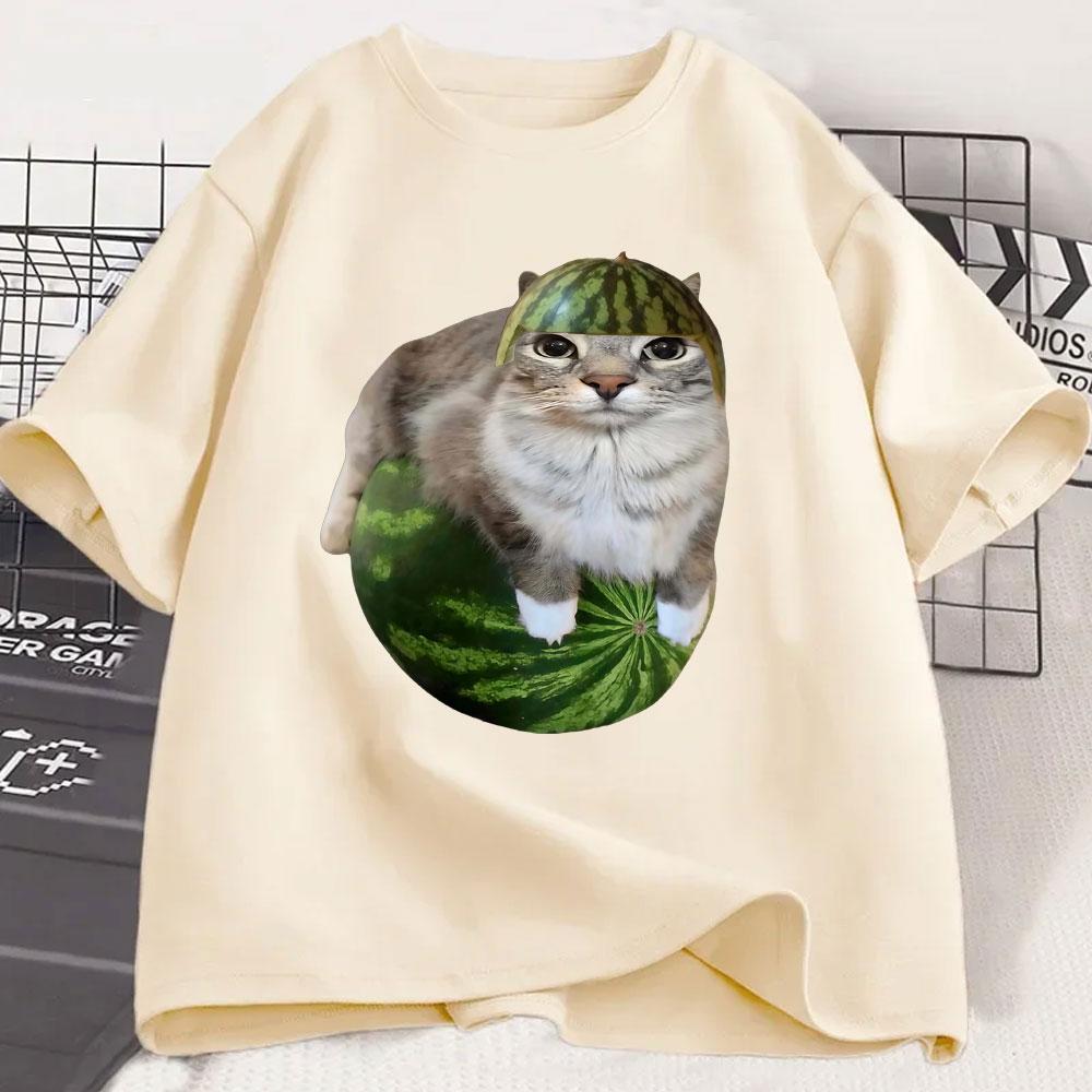 Watermelon Cat Silly Cat Funny Meme T Shirts Men's Women Clothing Casual Cotton T-shirt Fashion Short Sleeve Oversized T-shirts