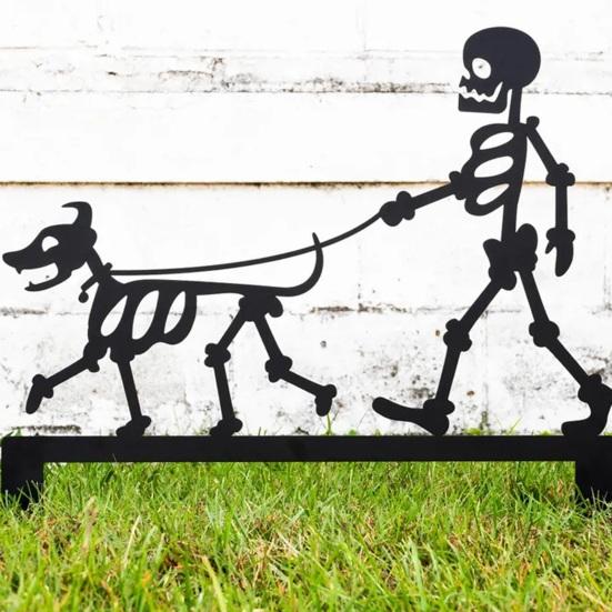 Skeleton Dog Garden Stake Black Skeleton Walking Dog Metal Decoration Funny Halloween Yard