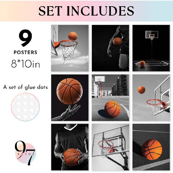 97 Decor Basketball Posters for Boys Bedroom - Basketball Room Decor for Boys Teen, Black And White Sport Wall Art Prints, Hoop Photos Pictures for