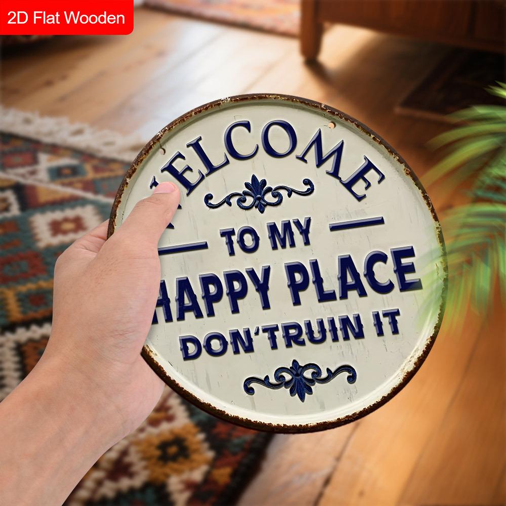 Panneau de Bienvenue en Bois Happy Place - Ornements de Figurines Uniques - Idéal pour Porte d'Entrée, Cour, Porche, Décoration de Pièce