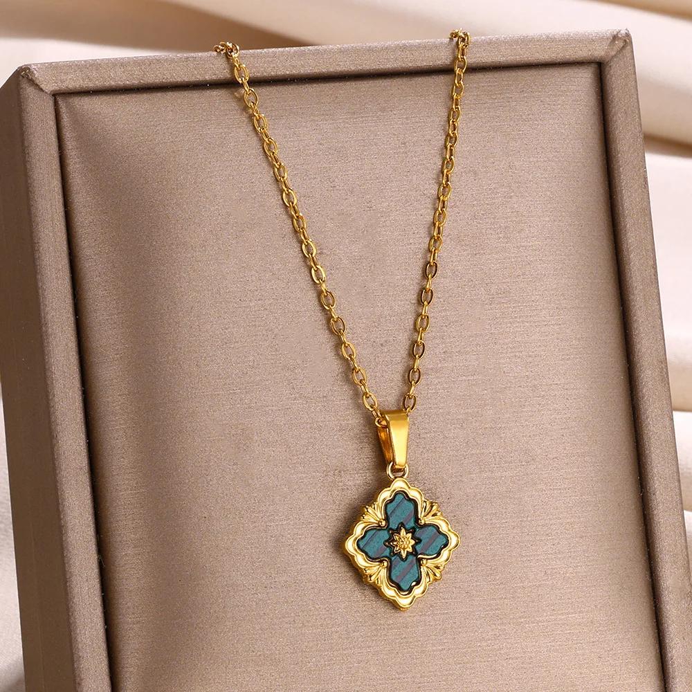Stainless Steel Luck Clover Pendant Necklaces For Women Vintage Gold Color Flower Charm Clavicle Chain Jewelry Accessories Gift