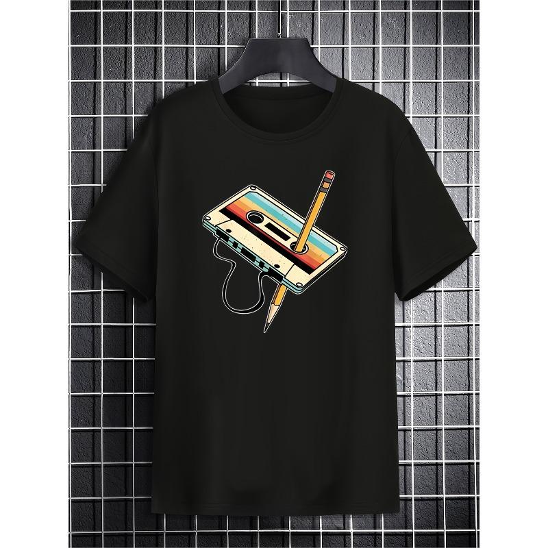 European sizes Men's Retro Cassette Print T-Shirt - Casual Crew Neck, Slight Stretch, Summer Knit Fabric Top