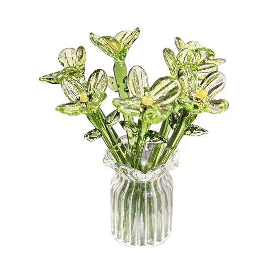 1 Set Glass Flower Bouquet with Vase Hand-Blown Mini Flower Decoration Home Living Room Handmade Simulation Floral Ornament with Stem