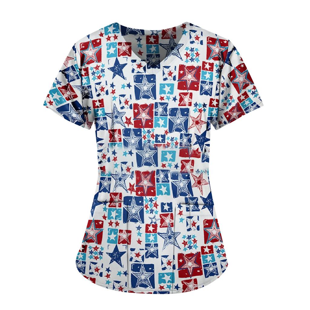 Independence Day Women's casual V-neck Printed Short Sleeve   Tops