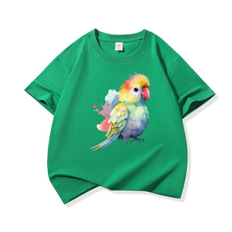 Bright Watercolor Rainbow Parrot Graphic Tee Kids Pure Cotton Crew Neck Print T Shirt Short Sleeve Muticolor Tops Boys Girls
