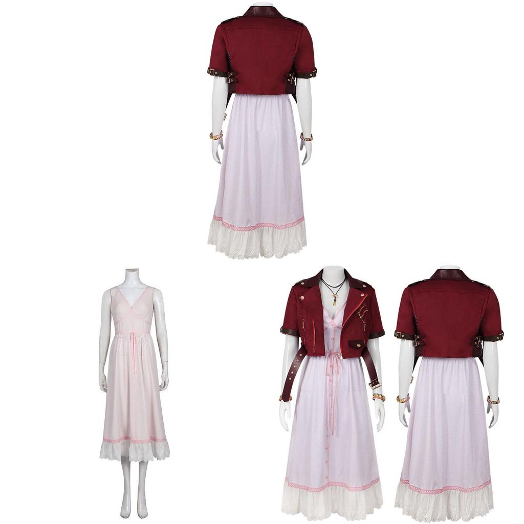 Final Fantasy 7 Aerith Gainsborough Cosplay Costume With Denim Outfit For Game Anime Role Play