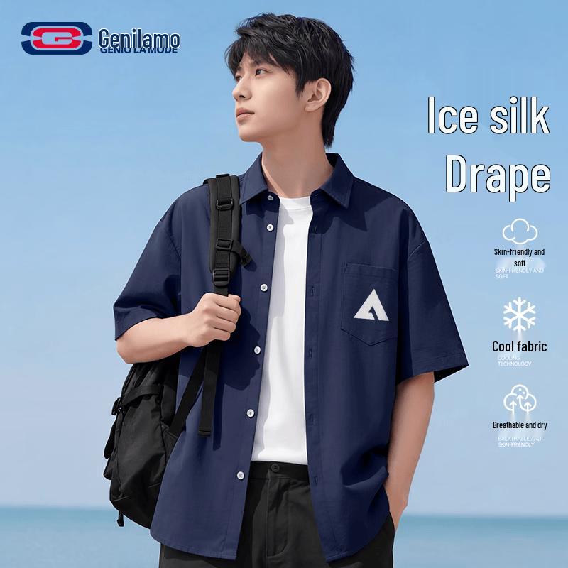 

GENIOLAMODE Men s Ice Silk Short Sleeve Casual Shirt M