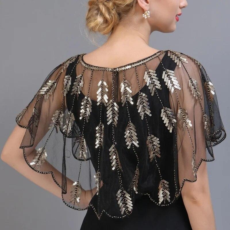 Retro Beaded Sequin Shawl Vintage Flapper Evening Cape Sheer Mesh Embroidery Leaf Women Bolero Party Accessories