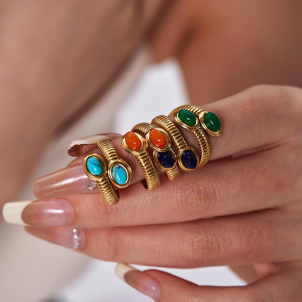 Vintage Turquoise Adjustable Chunky Rings for Women Stainless Steel Natural Gemstones Open Ring Gold Color Jewelry Birthday Gift