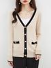 2024 Spring/Autumn Women's V-Neck Wool Cardigan - Color Block & Patchwork Design, Elegant & Versatile Knit Jacket