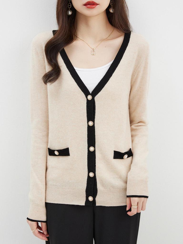 2024 Spring/Autumn Women's V-Neck Wool Cardigan - Color Block & Patchwork Design, Elegant & Versatile Knit Jacket