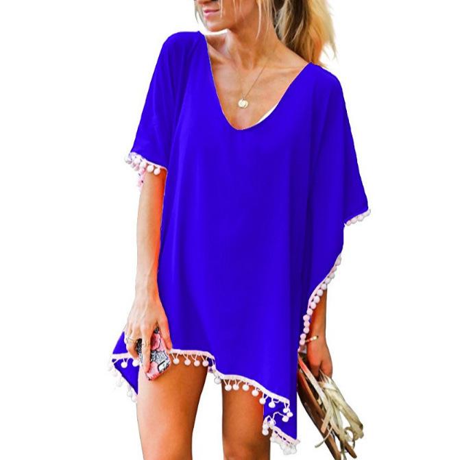 Chiffon Tassel Beach Cover-up: European & American Style with Fur Ball Accents