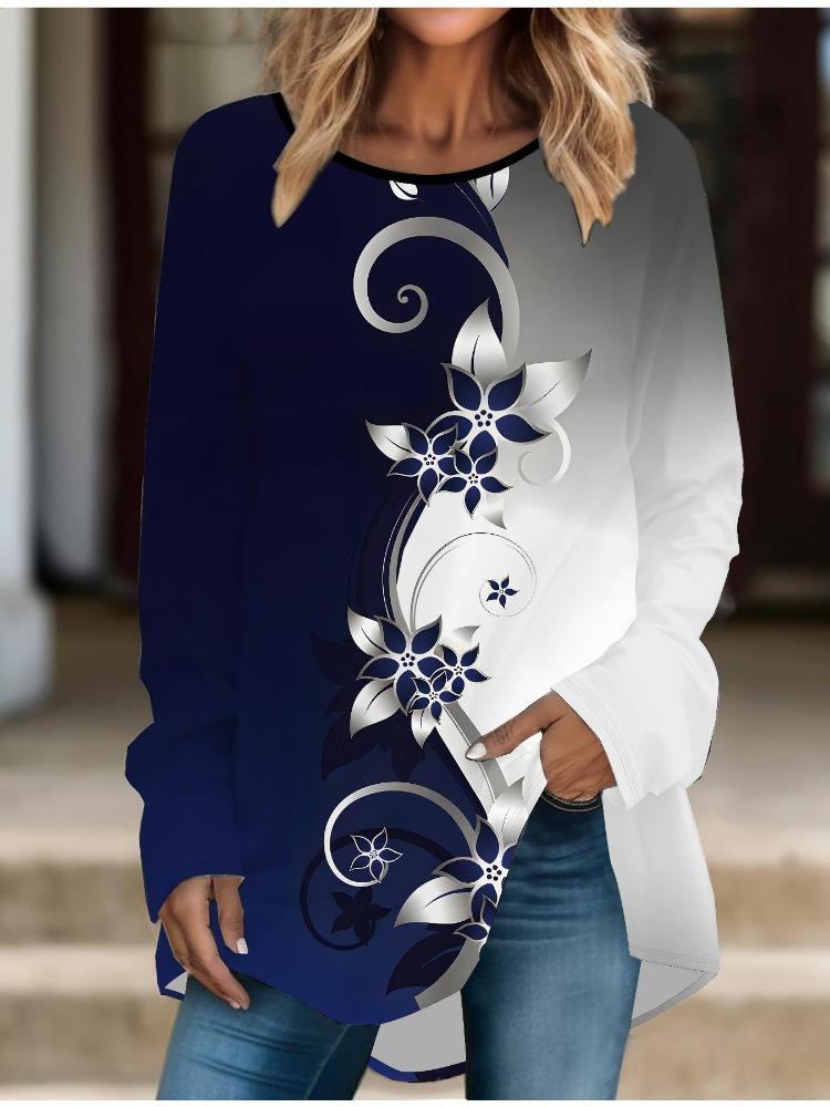 Spring Printed Comfy Long Sleeve T-shirt Plus Size Women Casual Baggy Tee Round Collar Mid Length Tops