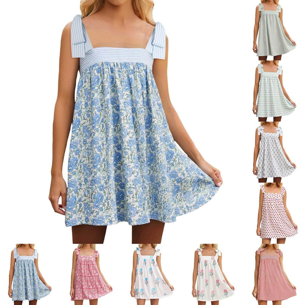 Dámské šaty s květinovou mašlí, roztomilé čtvercové výstřih, volné plážové minišaty, odhalená záda, bohémské letní šaty
