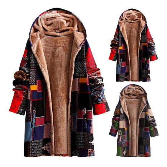 Vestes polaires pour femmes zippées à imprimé floral doublées sherpa à capuche veste patchwork style ethnique vintage