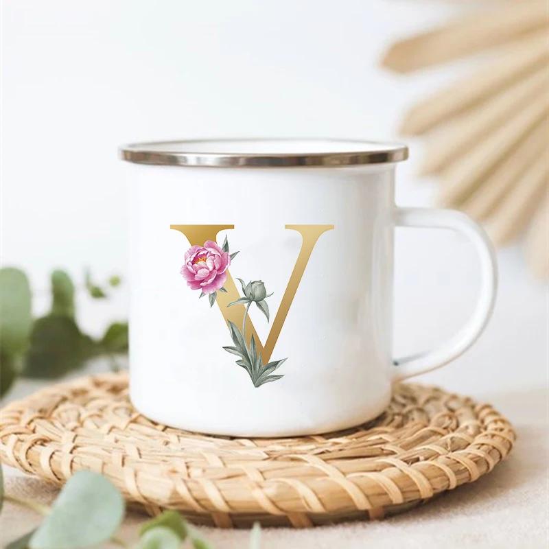 Letter Floral Print Vintage Enamel Mugs Creative Coffee Tea Cup Drink Dessert Milk Cups Handle Drinkware Wedding Bridesmaid Gift