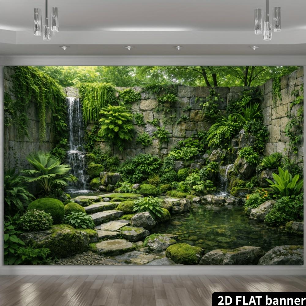 2D Zen Tuin met Achtergrond met Dubbele Watervallen, Stenen Muren, Mos en Groene Planten, Stenen Pad, Heldere Vijver