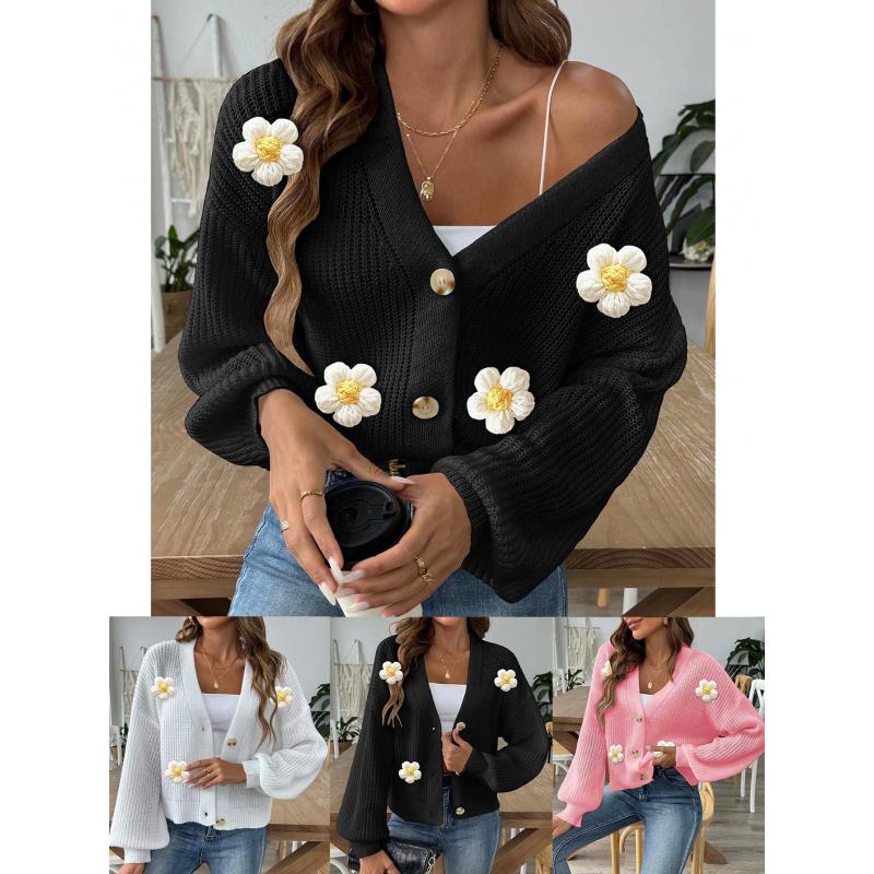 Women's Knitted Sweater Autumn Winter Hand Crochet Patchwork Short Button Cardigan Sweater