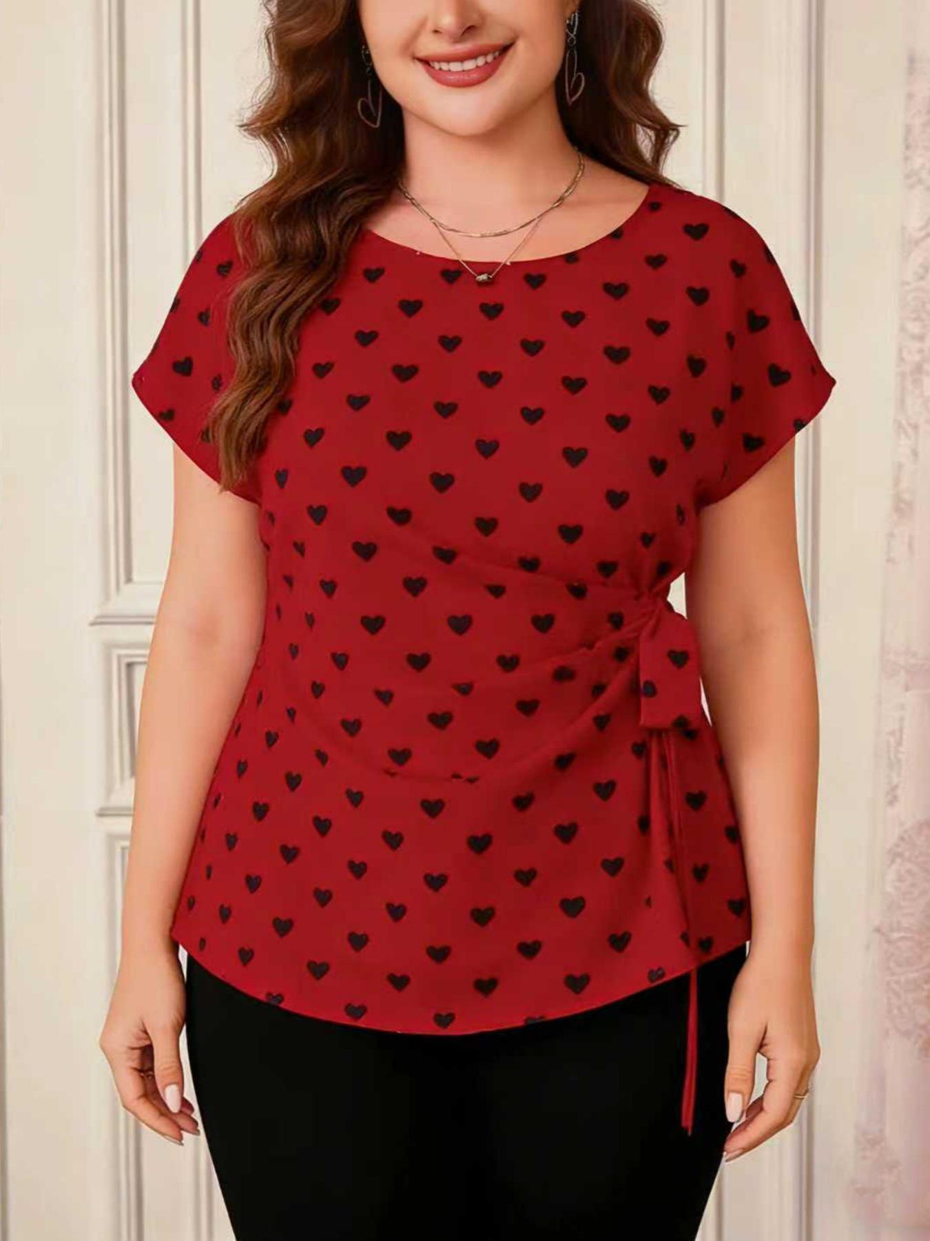 European & American Summer Fashion Plus Size Heart-shaped Round Neck Slimming Tie-up Waist Women s Short Sleeve Top 5XL красный