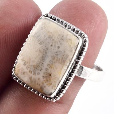 Natural Fossil Coral Gemstone Handmade 925 Sterling Silver Jewelry Ring S.9 P7f49