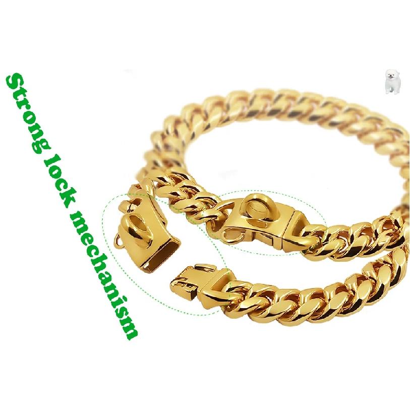 Metal Dog Collar Stainless Steel Pet Choker Gold Cuban Link Chain 14mm Wide Lead for Small Medium Large Dogs Pet Accessories