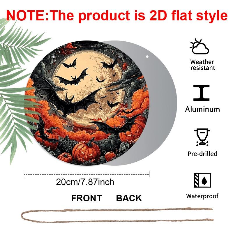 2D Flat 1pc/2pcs, Decorative Plaques and Ornaments Sign, Round Aluminum Halloween Wall Plaque, Retro Engraving Full Moon Bats Pumpkin Decor