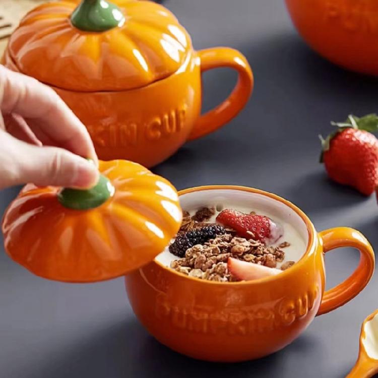 Ceramic Pumpkin Shape Mug With Lid Coffee Cup Halloween Dinnerware Perfect For Autumn Drink Decoration