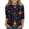 Christmas Day Print Tops For Youth Girls 5-16 Years Round Neck 3/4 Sleeves T-Shirts Trendy Tops Outfit Tees