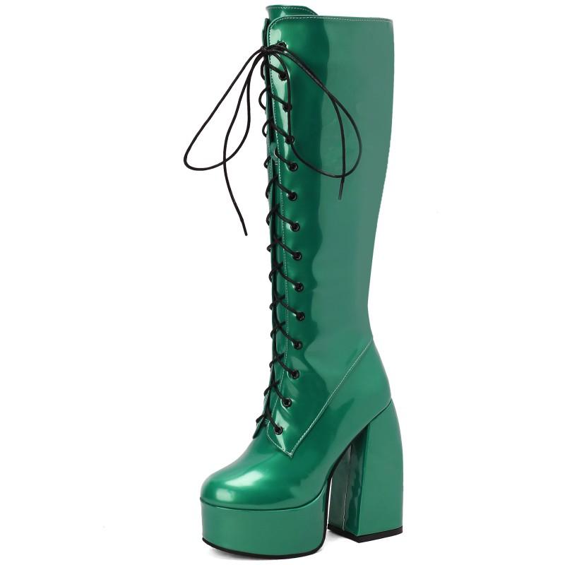 Sexy Lace Up Platform Long Boots Women Thick Gothic Heels High Knee Boot Winter Red Black Green Fetish Party Shoes Large Size 48