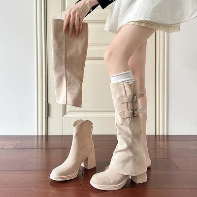 Abnehmbare Stiefel Herbst und Winter neue Zwei-Wege-Hosenstiefel mit dickem hohem Absatz Damenmittelrohr Wildleder Westernstiefel
