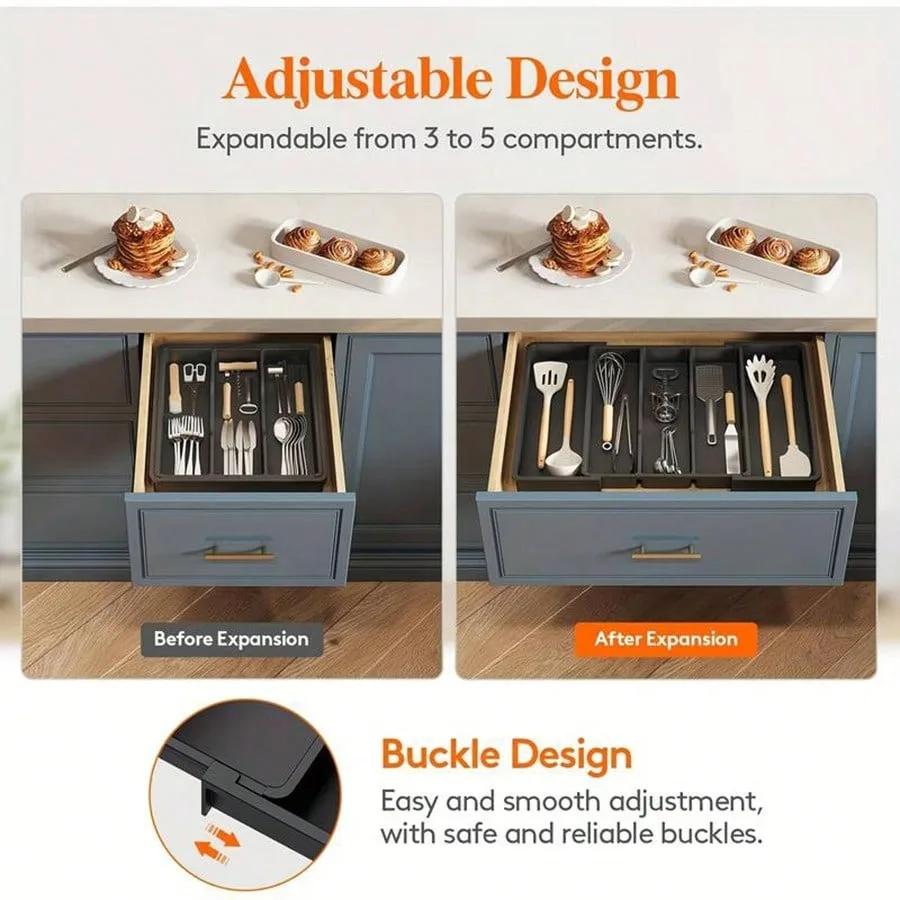 Expandable Kitchen Drawer Organizer - Adjustable Retractable Cutlery Storage Box with Dividers for Utensils, Home Organization