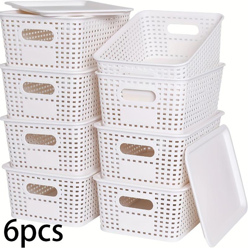 6pcs Stackable Plastic Storage Baskets with Lids, Transparent Organizer Bin with Handles for Home Office Pantry Shelf