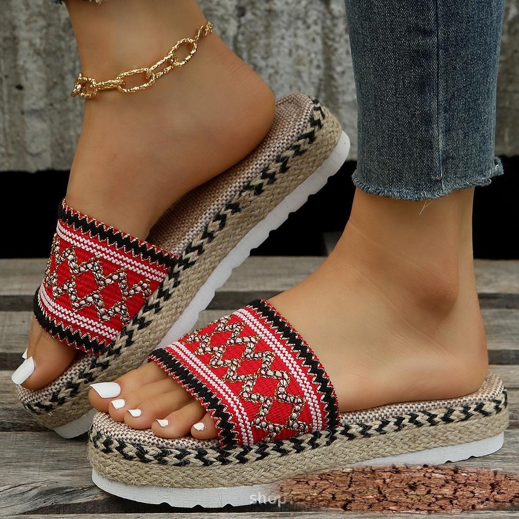 European and American Ethnic Style Foreign Trade Large Size Women Thick Bottom Fish Mouth Hemp Rope Candy Color Slippers New Manufacturers Wholesale