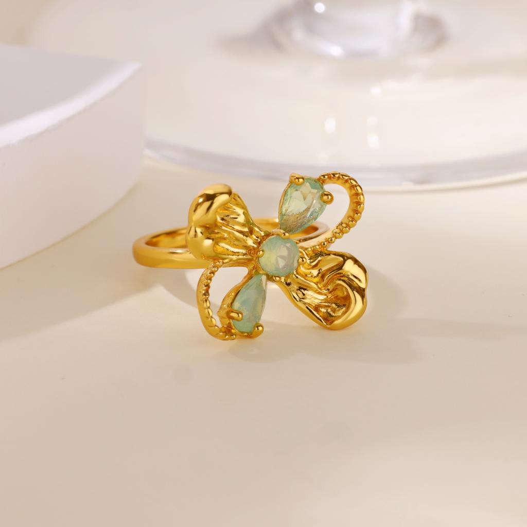 Edelstahl Grün Opal Stein Ringe für Damen Mädchen Vintage Gold Farbe Offener Blumenring Hochzeit Party Schmuck Zubehör