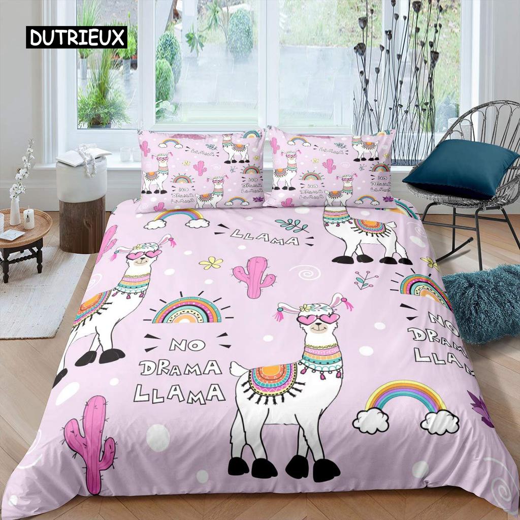 Alpaca Duvet Cover Set Cute Sloth Comforter Cover Cactus Funny Animal Bedding Set Polyester Love Heart Cartoon Style Quilt Cover