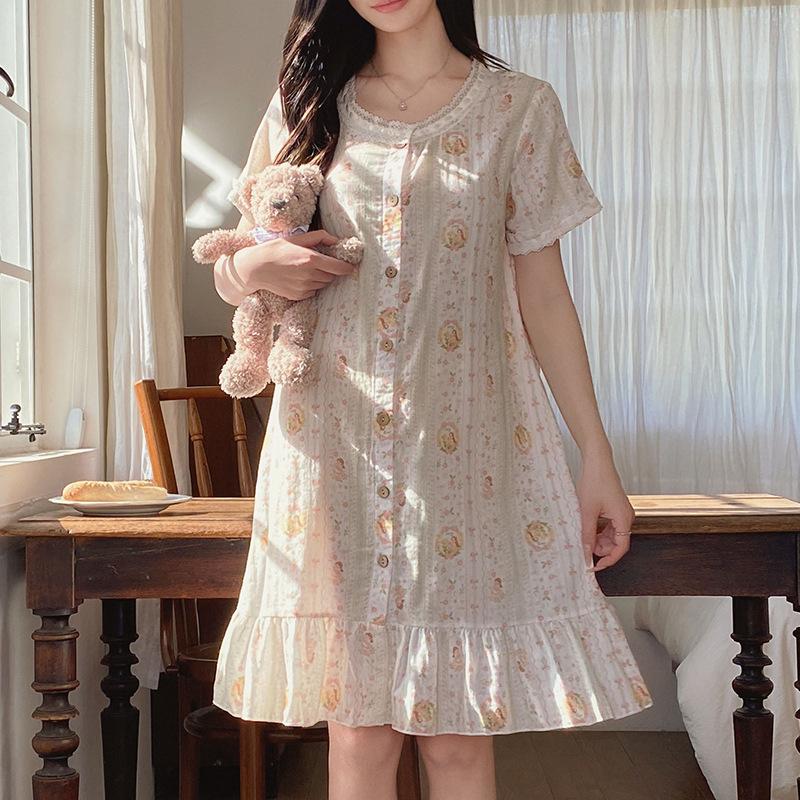 Vernis Short-sleeved Gauze Printed Cotton Yarn Nightdress Sweet Lace Loungewear Pure Cotton Pajamas Women's Summer Can Wear Outside
