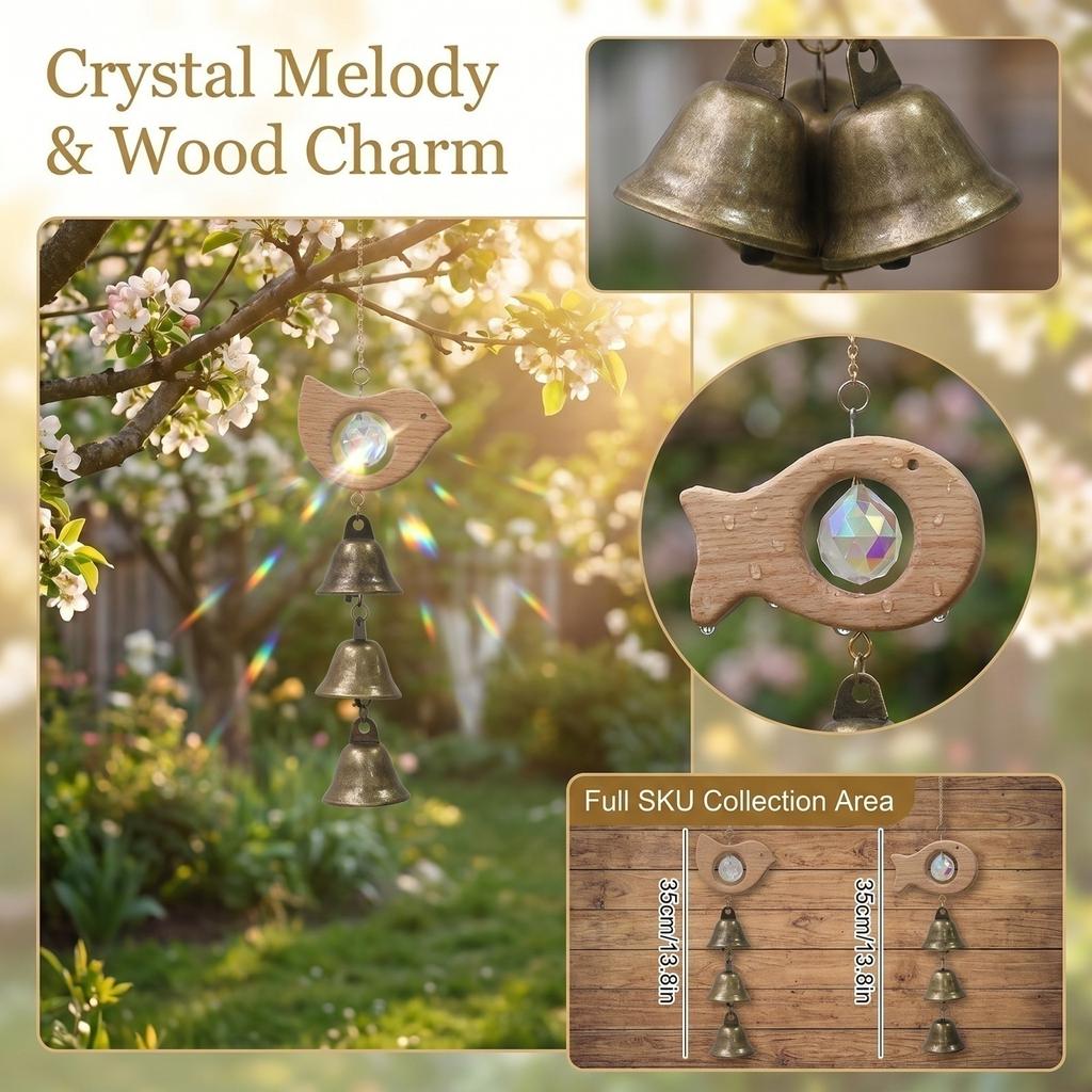 Crystal Bell Wind Chime Home Decor Hanging Ornament with Wooden Bird Design and Three Metal Bells for Indoor Outdoor Use