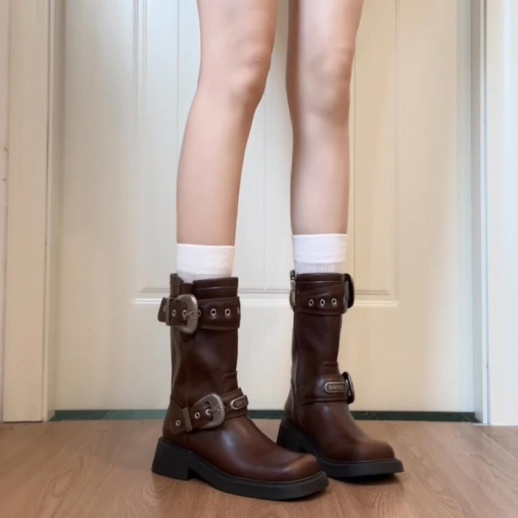 Cowhide version~ Leather thick heel Maillard boots women's retro polished western cowboy boots short boots medium tube Martin boots