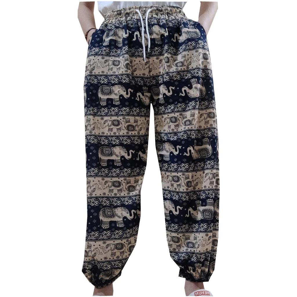Elephant Jump Pants Pocket Adjustable Elastic High Waistband Strap Unisex Man Women Print Thailand Casual Streetwear Beach Bohemian Retro Vintage