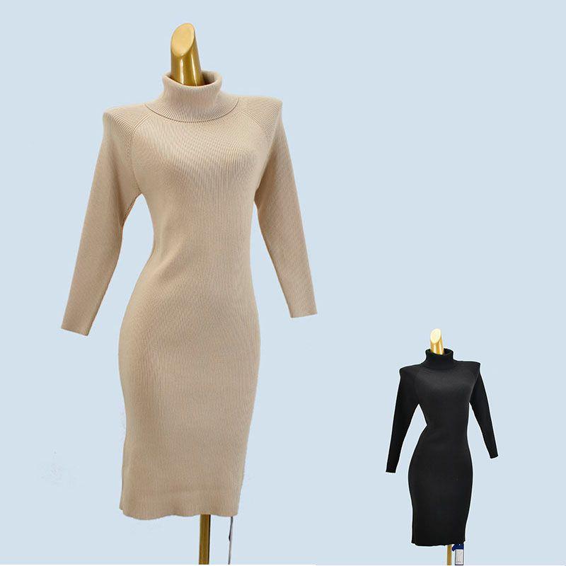 Withdraw from Cupboard High Quality Thick Turtleneck Raglan Pure Color Mid Length Long Length Long Sleeves Knitting Sweater Silm Sheath Bottom Dress