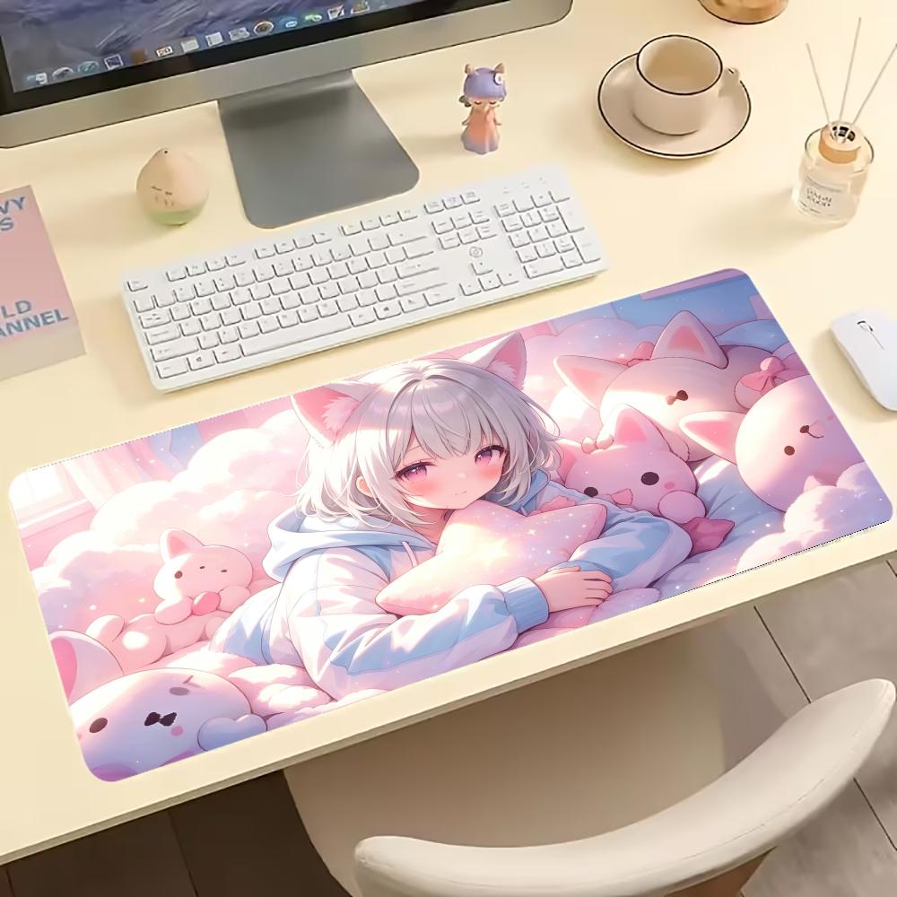 Kawaii Pink Neko Anime Girl Large Extended Gaming Mouse Pad Non Slip Desk Surface Pastel Cartoon Art Print For Gaming Station