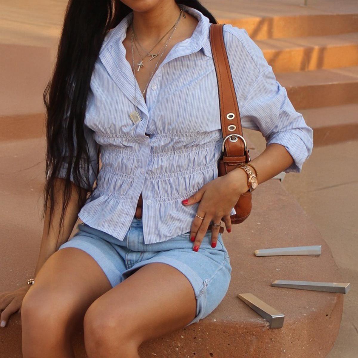 

Spring and Autumn Y2K Striped Button Single Breasted Shirt Top Women s Waist Pleated Long Sleeve Top S синій