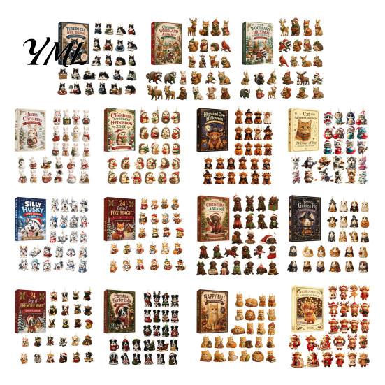 Cute Cat Rabbit Ornaments 24 Days Christmas Advent Calendar 2026, 2D Acrylic Reading Cats/Dogs/Forest Animals Surprise Unboxing Gift Ornament