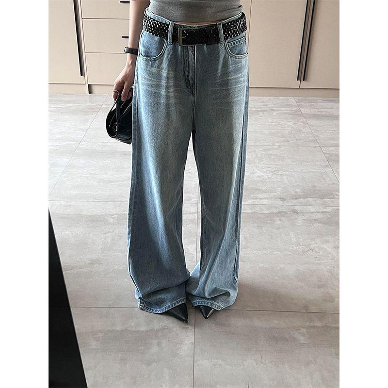 Women's Extra Long Light Blue Wide Leg Jeans - High Waist, Loose, Slimming, Versatile, Drapey, Straight Leg, Floor Length.