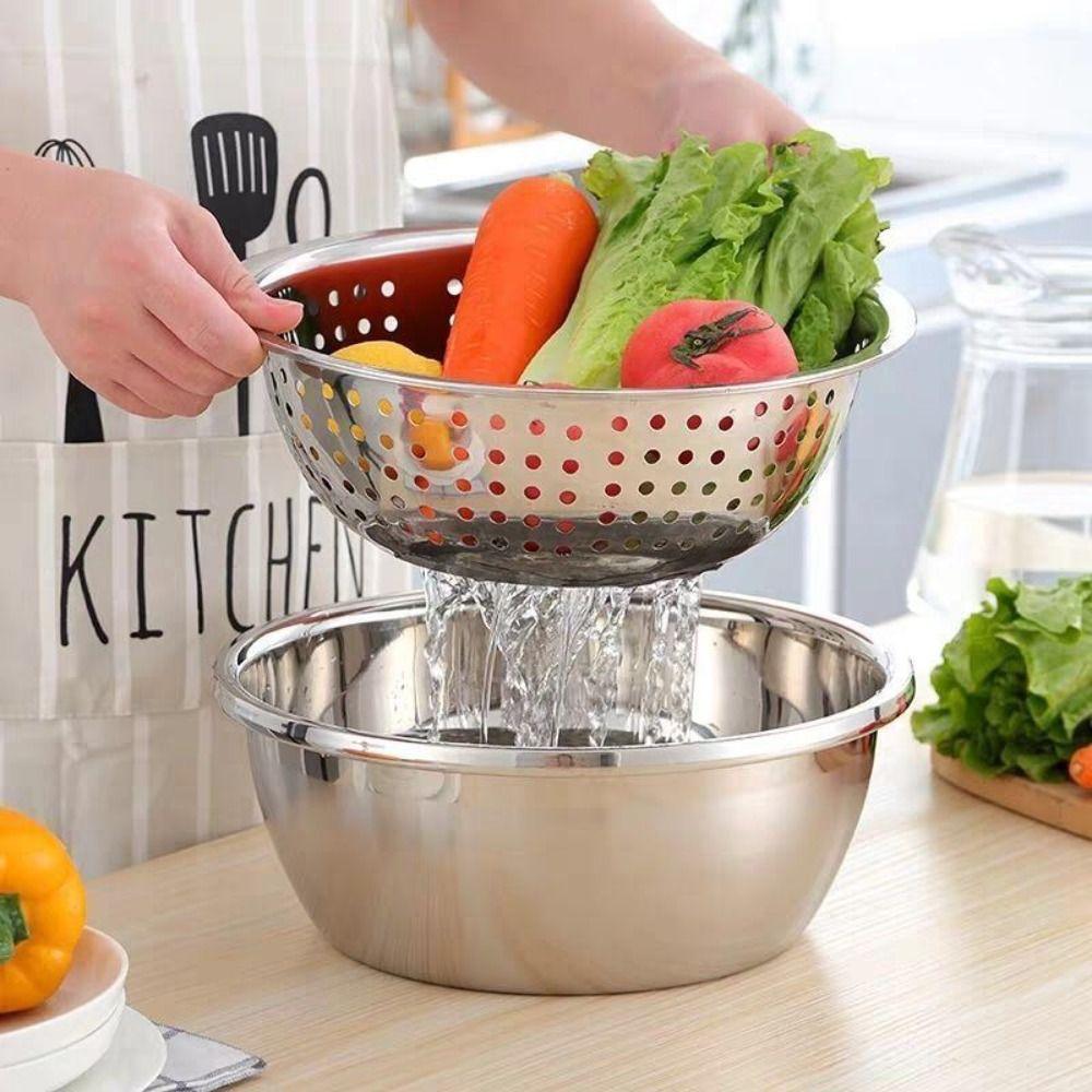 Stainless Steel Grater Basin Round Rice Washing Basin Convenient Filter Net Bowls  Fruit