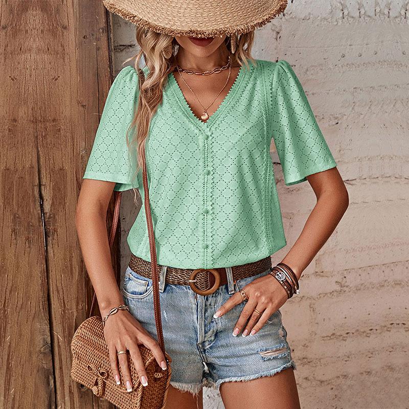 V-neck Women's Summer New Style T-shirt with Lace Patchwork Design